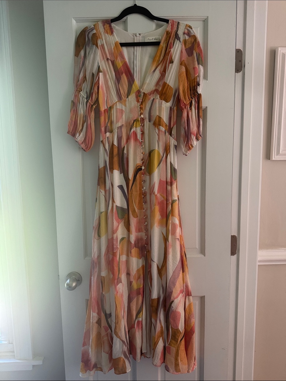 Flowy Multi-Color Print V-Neck Button-Front Dress